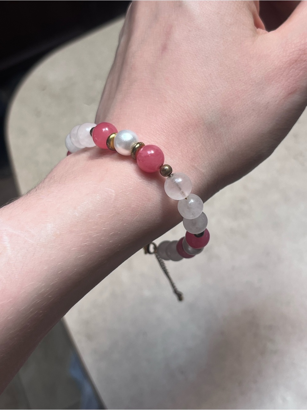 Pink and White Quartz Beaded Boho Bracelet with Gold Accent